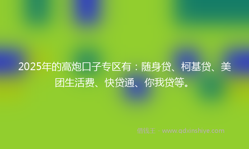 2025年的高炮口子专区有：随身贷、柯基贷、美团生活费、快贷通、你我贷等。