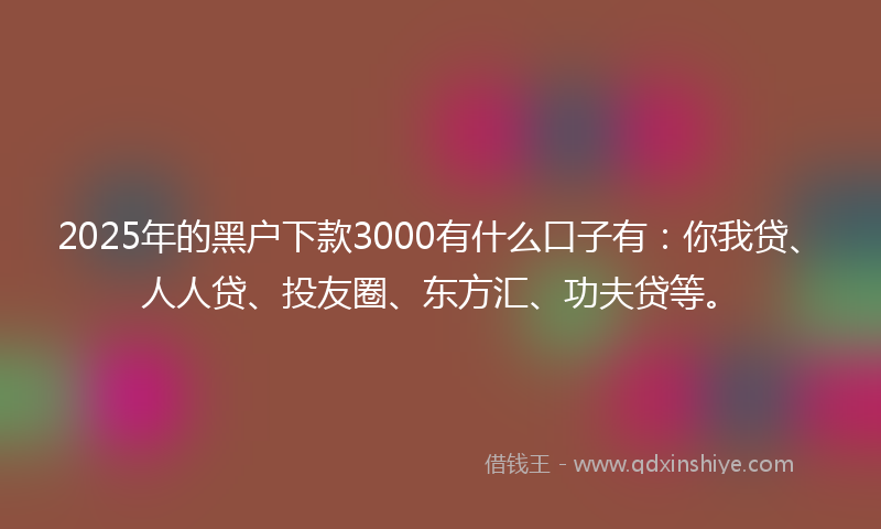 2025年的黑户下款3000有什么口子有：你我贷、人人贷、投友圈、东方汇、功夫贷等。