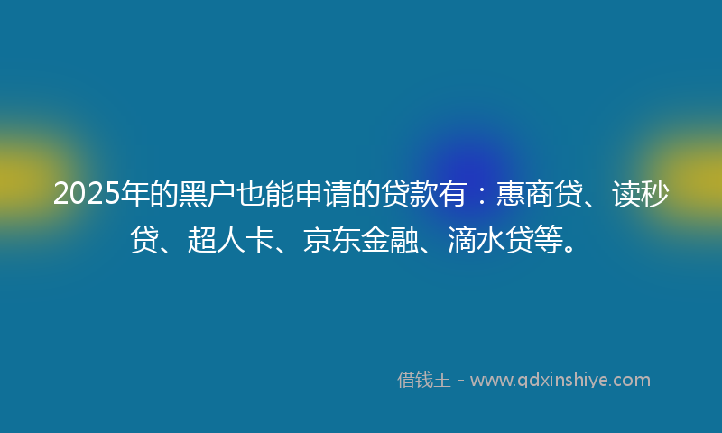 2025年的黑户也能申请的贷款有：惠商贷、读秒贷、超人卡、京东金融、滴水贷等。