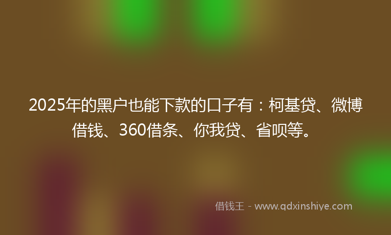 2025年的黑户也能下款的口子有：柯基贷、微博借钱、360借条、你我贷、省呗等。