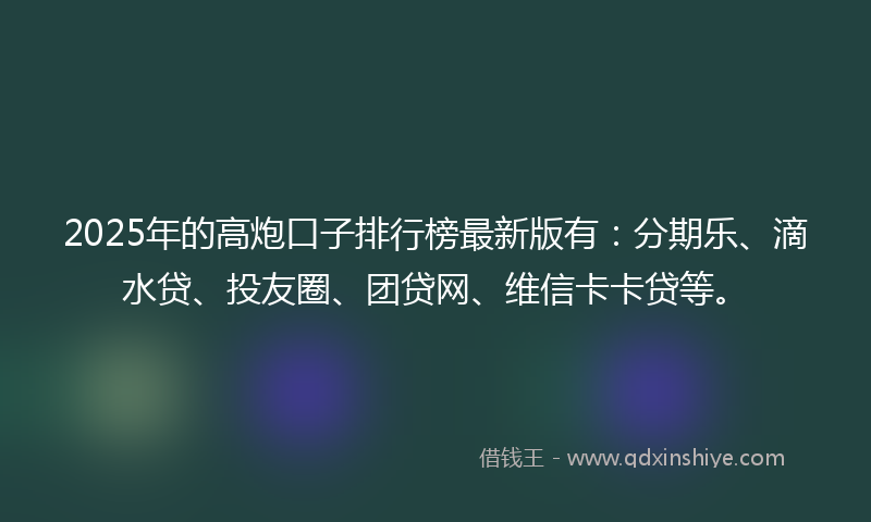 2025年的高炮口子排行榜最新版有：分期乐、滴水贷、投友圈、团贷网、维信卡卡贷等。