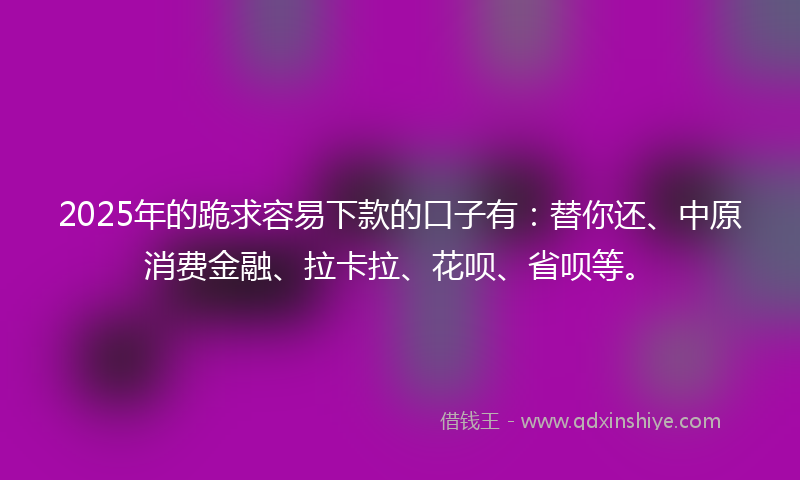 2025年的跪求容易下款的口子有：替你还、中原消费金融、拉卡拉、花呗、省呗等。