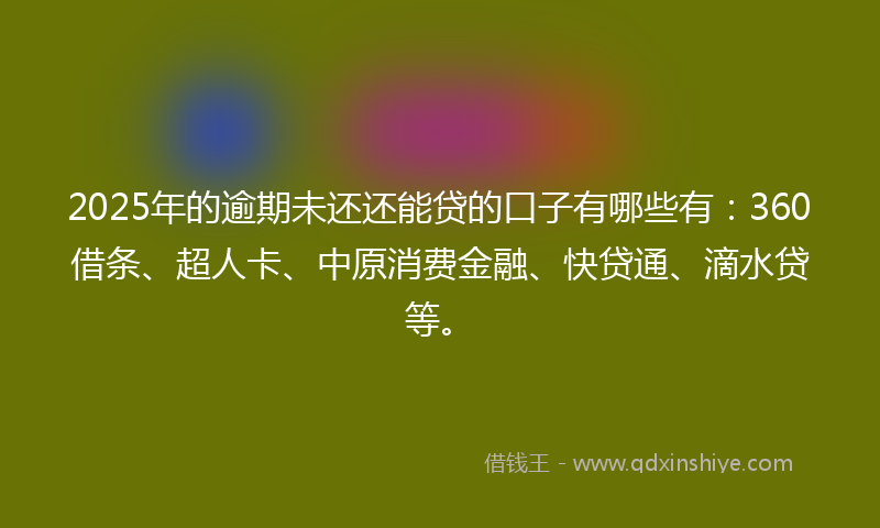 2025年的逾期未还还能贷的口子有哪些有：360借条、超人卡、中原消费金融、快贷通、滴水贷等。
