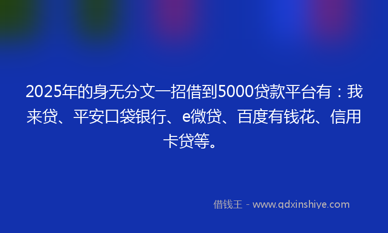 2025年的身无分文一招借到5000贷款平台有：我来贷、平安口袋银行、e微贷、百度有钱花、信用卡贷等。