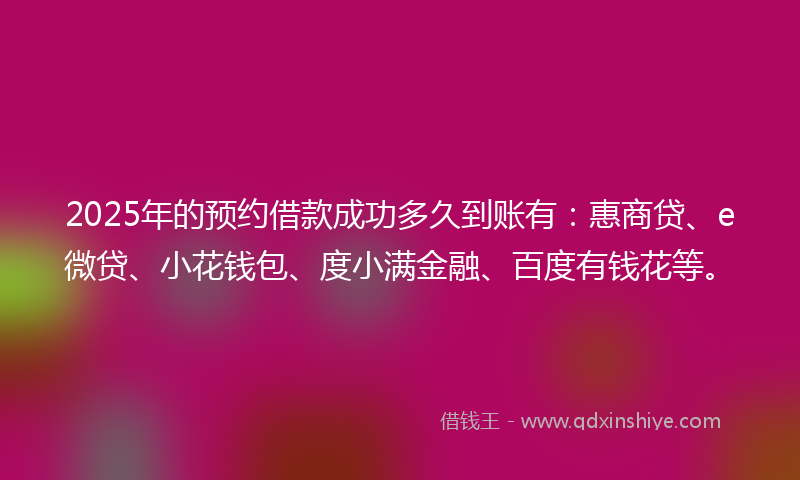 2025年的预约借款成功多久到账有：惠商贷、e微贷、小花钱包、度小满金融、百度有钱花等。