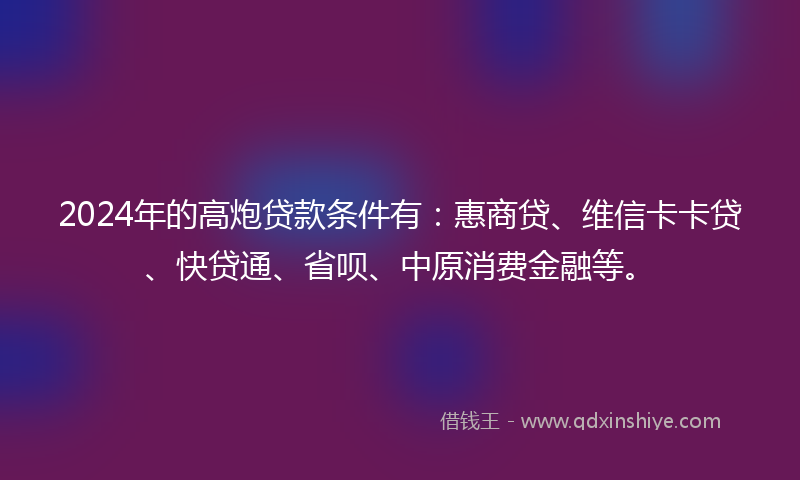 2024年的高炮贷款条件有：惠商贷、维信卡卡贷、快贷通、省呗、中原消费金融等。