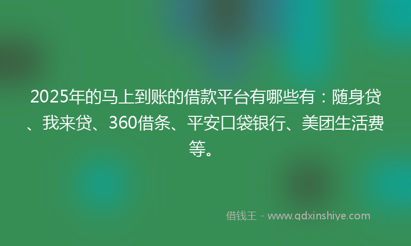 2025年的马上到账的借款平台有哪些有：随身贷、我来贷、360借条、平安口袋银行、美团生活费等。