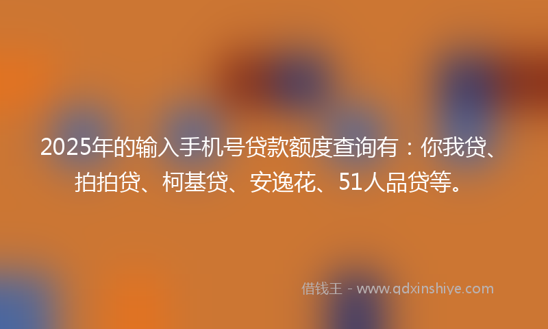 2025年的输入手机号贷款额度查询有：你我贷、拍拍贷、柯基贷、安逸花、51人品贷等。