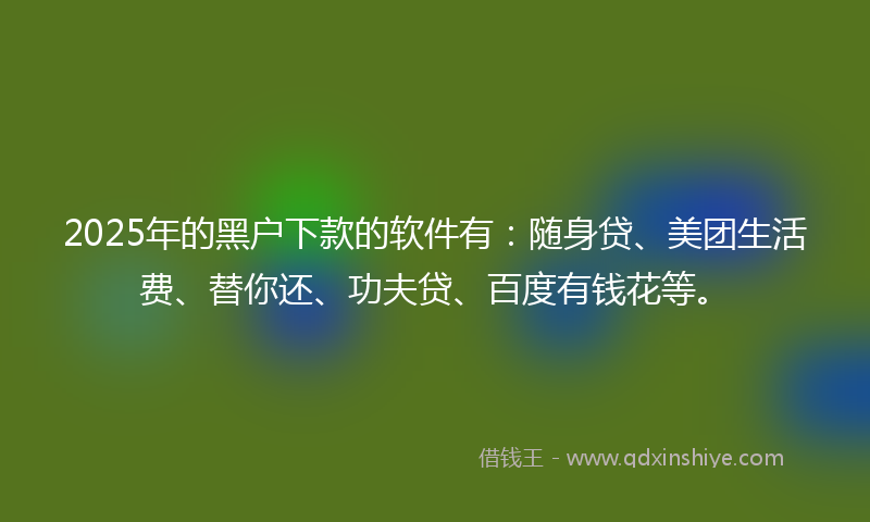 2025年的黑户下款的软件有：随身贷、美团生活费、替你还、功夫贷、百度有钱花等。