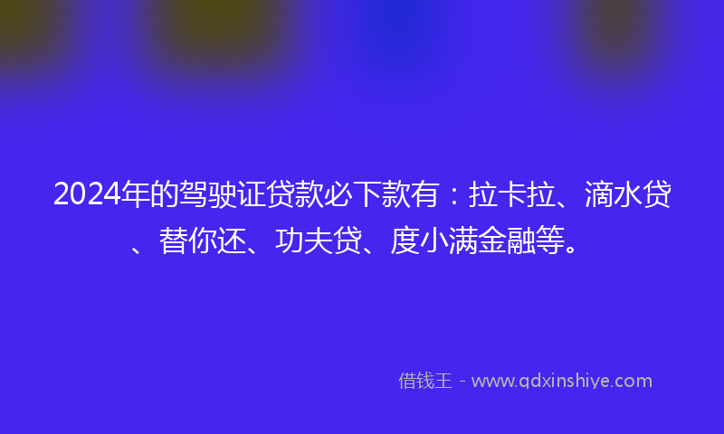 2024年的驾驶证贷款必下款有：拉卡拉、滴水贷、替你还、功夫贷、度小满金融等。