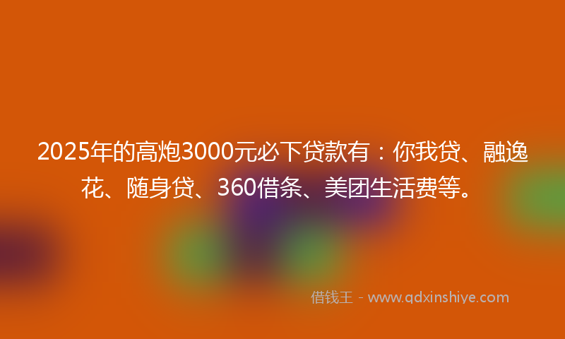 2025年的高炮3000元必下贷款有：你我贷、融逸花、随身贷、360借条、美团生活费等。