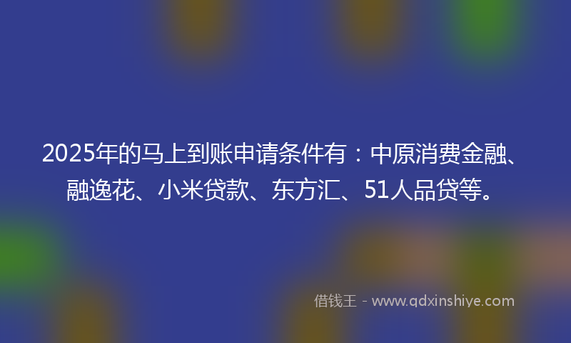 2025年的马上到账申请条件有：中原消费金融、融逸花、小米贷款、东方汇、51人品贷等。