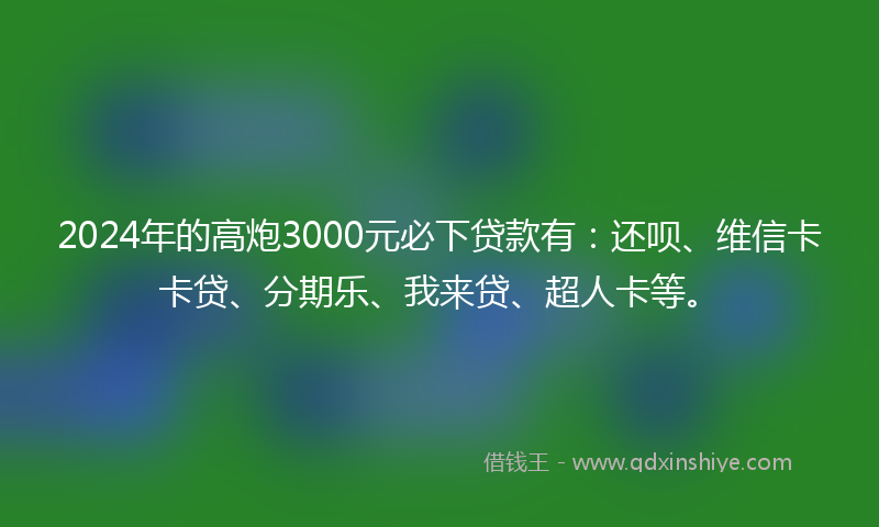 2024年的高炮3000元必下贷款有：还呗、维信卡卡贷、分期乐、我来贷、超人卡等。