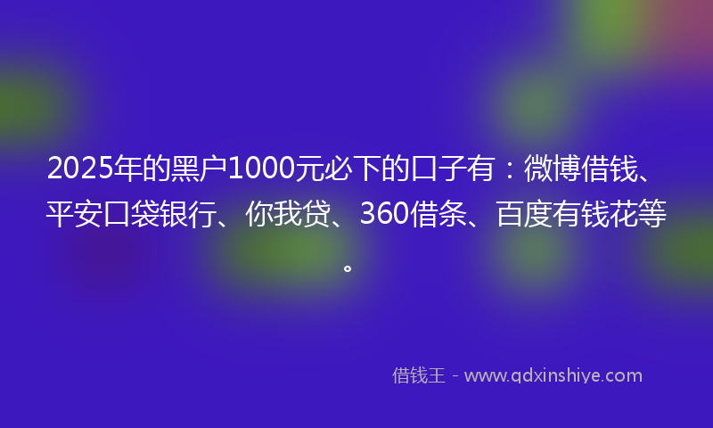 2025年的黑户1000元必下的口子有：微博借钱、平安口袋银行、你我贷、360借条、百度有钱花等。