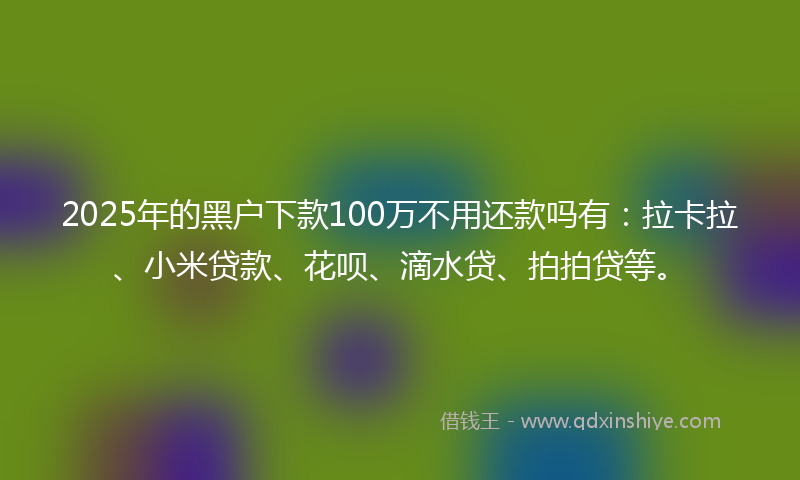 2025年的黑户下款100万不用还款吗有：拉卡拉、小米贷款、花呗、滴水贷、拍拍贷等。
