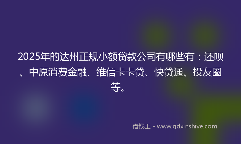 2025年的达州正规小额贷款公司有哪些有：还呗、中原消费金融、维信卡卡贷、快贷通、投友圈等。