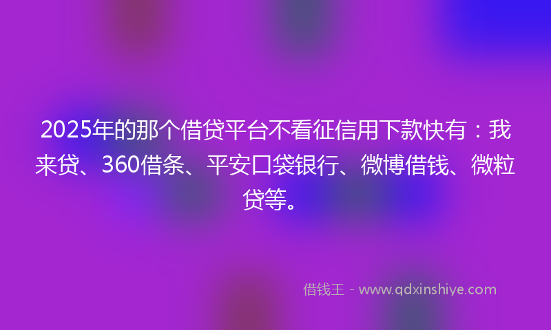 2025年的那个借贷平台不看征信用下款快有：我来贷、360借条、平安口袋银行、微博借钱、微粒贷等。