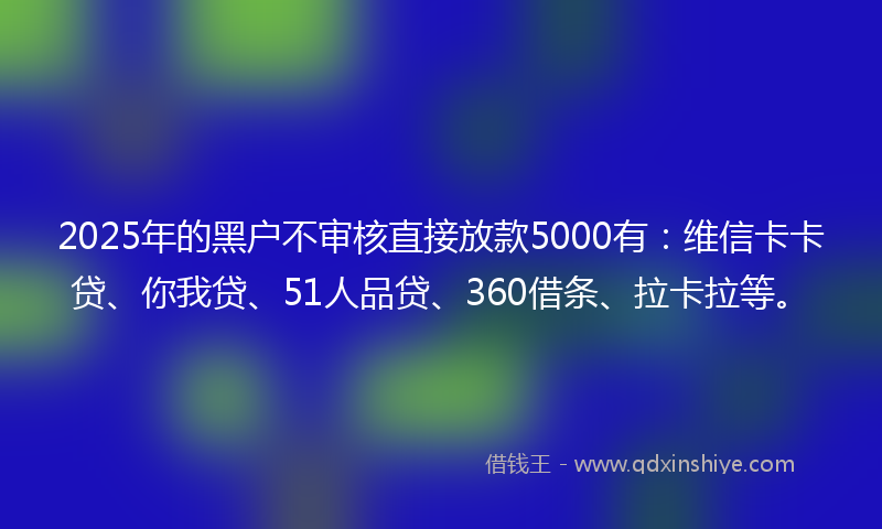 2025年的黑户不审核直接放款5000有：维信卡卡贷、你我贷、51人品贷、360借条、拉卡拉等。