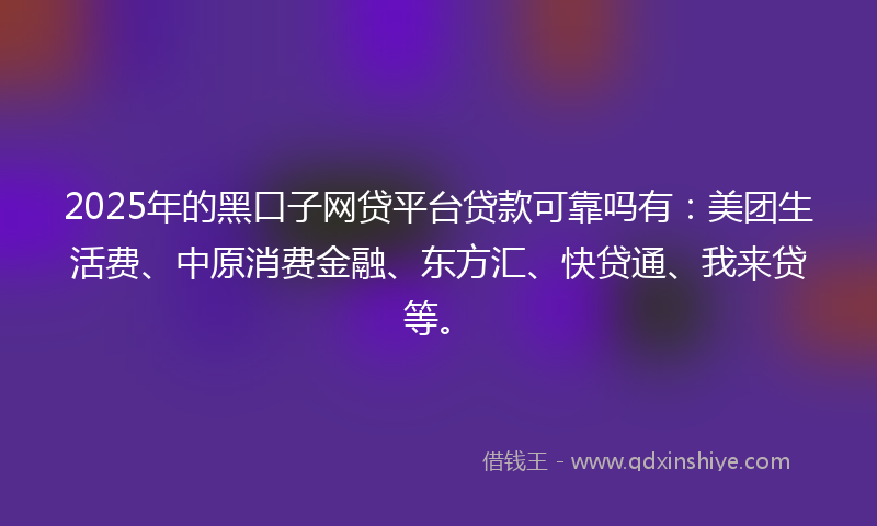 2025年的黑口子网贷平台贷款可靠吗有：美团生活费、中原消费金融、东方汇、快贷通、我来贷等。