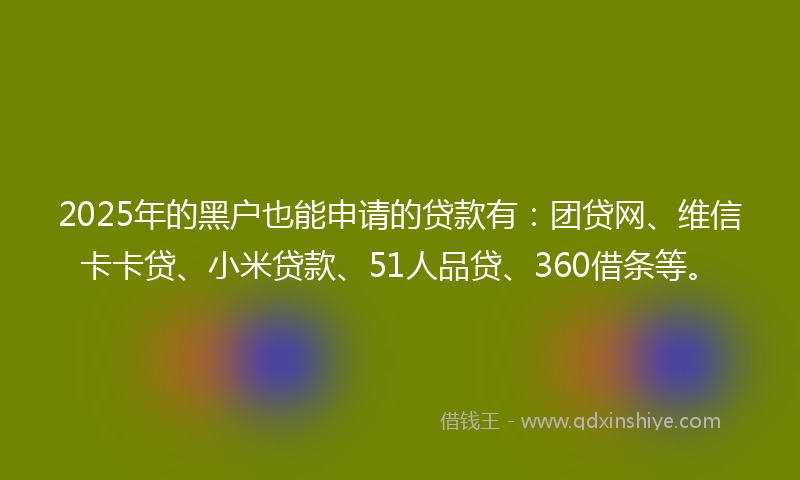 2025年的黑户也能申请的贷款有：团贷网、维信卡卡贷、小米贷款、51人品贷、360借条等。