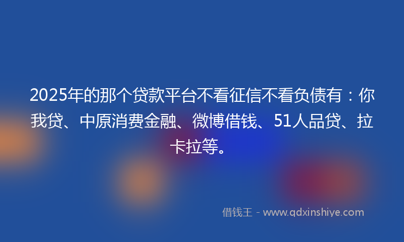 2025年的那个贷款平台不看征信不看负债有：你我贷、中原消费金融、微博借钱、51人品贷、拉卡拉等。