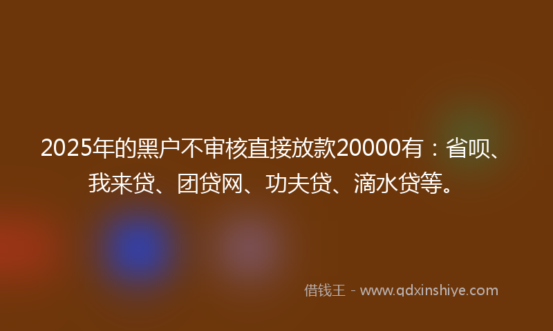 2025年的黑户不审核直接放款20000有：省呗、我来贷、团贷网、功夫贷、滴水贷等。