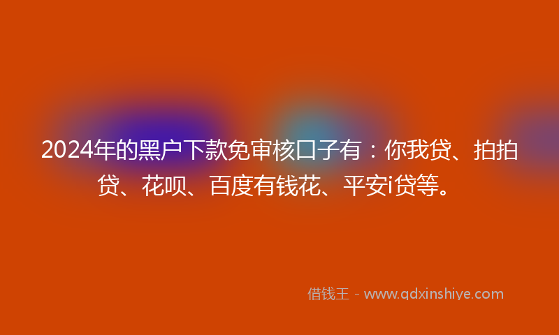 2024年的黑户下款免审核口子有：你我贷、拍拍贷、花呗、百度有钱花、平安i贷等。