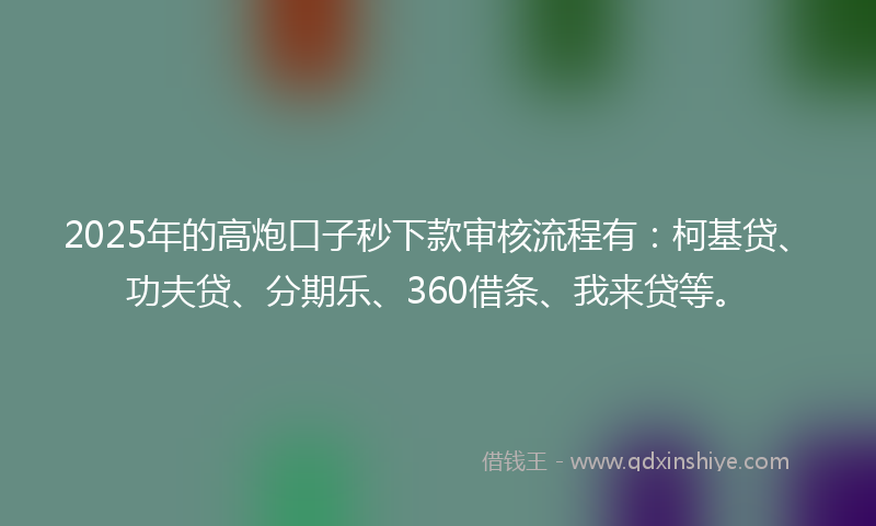 2025年的高炮口子秒下款审核流程有：柯基贷、功夫贷、分期乐、360借条、我来贷等。