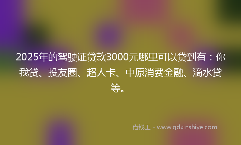 2025年的驾驶证贷款3000元哪里可以贷到有：你我贷、投友圈、超人卡、中原消费金融、滴水贷等。