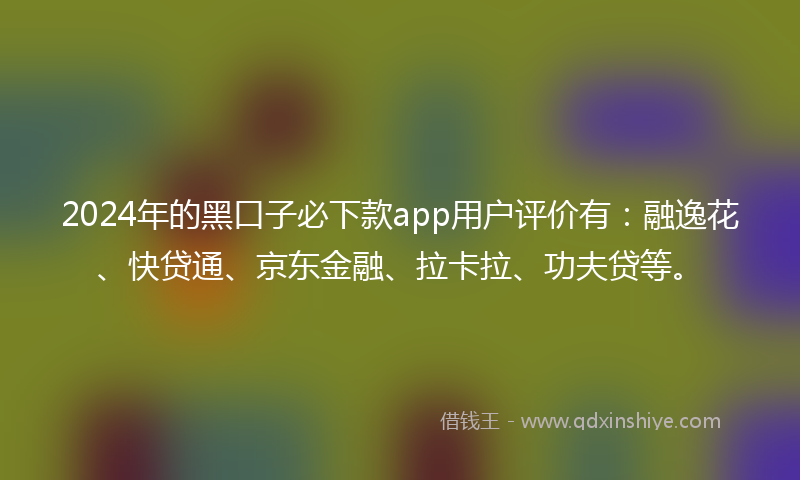 2024年的黑口子必下款app用户评价有：融逸花、快贷通、京东金融、拉卡拉、功夫贷等。