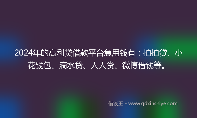 2024年的高利贷借款平台急用钱有：拍拍贷、小花钱包、滴水贷、人人贷、微博借钱等。