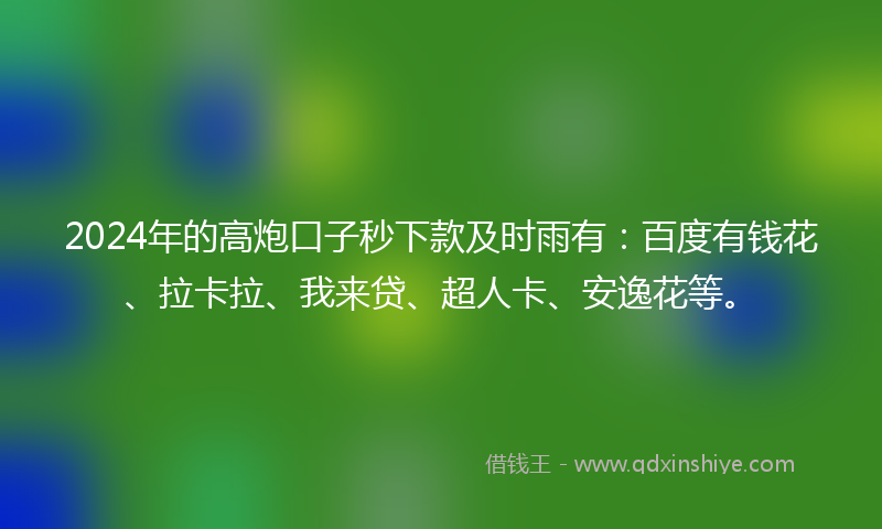 2024年的高炮口子秒下款及时雨有：百度有钱花、拉卡拉、我来贷、超人卡、安逸花等。