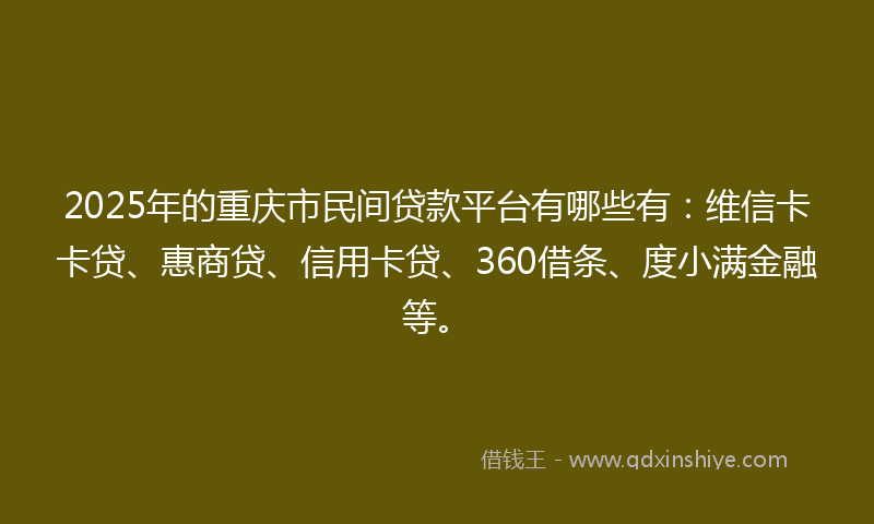 2025年的重庆市民间贷款平台有哪些有：维信卡卡贷、惠商贷、信用卡贷、360借条、度小满金融等。