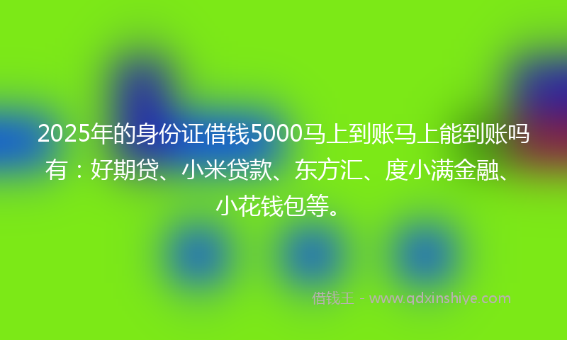 2025年的身份证借钱5000马上到账马上能到账吗有：好期贷、小米贷款、东方汇、度小满金融、小花钱包等。