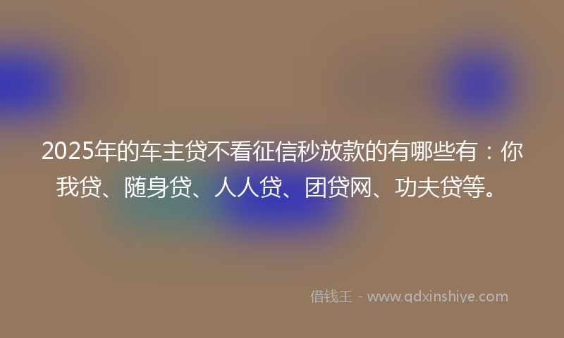 2025年的车主贷不看征信秒放款的有哪些有：你我贷、随身贷、人人贷、团贷网、功夫贷等。