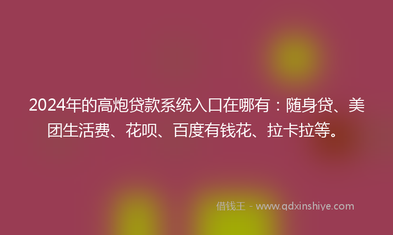 2024年的高炮贷款系统入口在哪有：随身贷、美团生活费、花呗、百度有钱花、拉卡拉等。