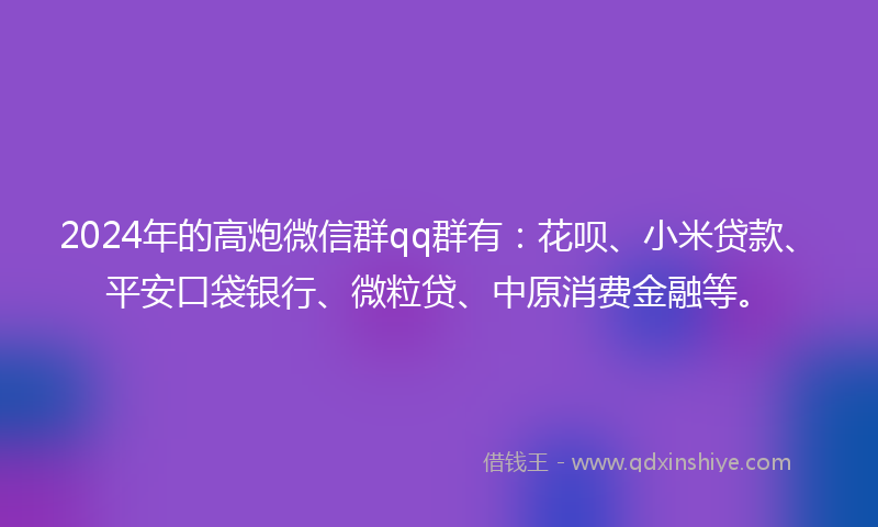 2024年的高炮微信群qq群有：花呗、小米贷款、平安口袋银行、微粒贷、中原消费金融等。