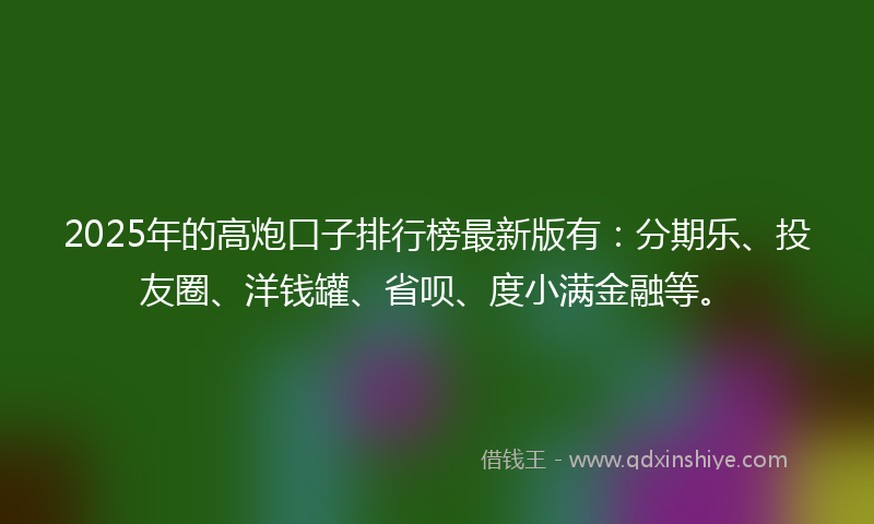 2025年的高炮口子排行榜最新版有：分期乐、投友圈、洋钱罐、省呗、度小满金融等。