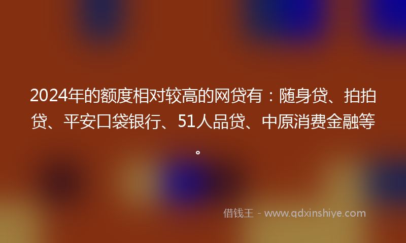 2024年的额度相对较高的网贷有：随身贷、拍拍贷、平安口袋银行、51人品贷、中原消费金融等。