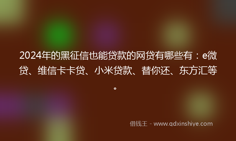 2024年的黑征信也能贷款的网贷有哪些有：e微贷、维信卡卡贷、小米贷款、替你还、东方汇等。