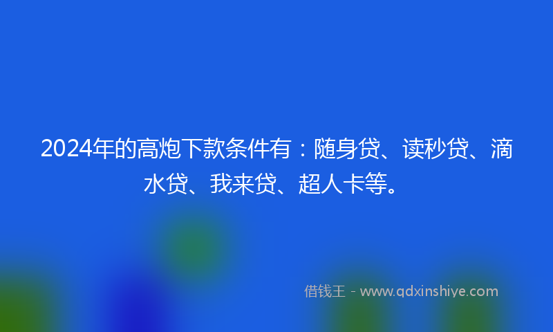 2024年的高炮下款条件有：随身贷、读秒贷、滴水贷、我来贷、超人卡等。