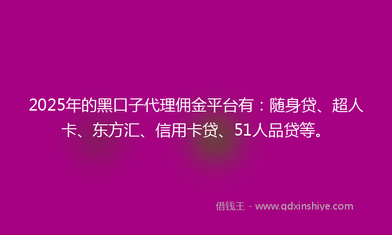 2025年的黑口子代理佣金平台有：随身贷、超人卡、东方汇、信用卡贷、51人品贷等。