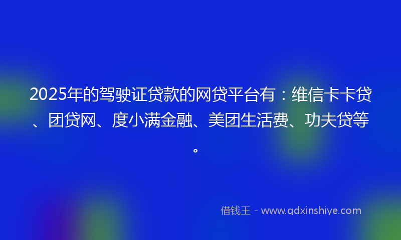 2025年的驾驶证贷款的网贷平台有：维信卡卡贷、团贷网、度小满金融、美团生活费、功夫贷等。