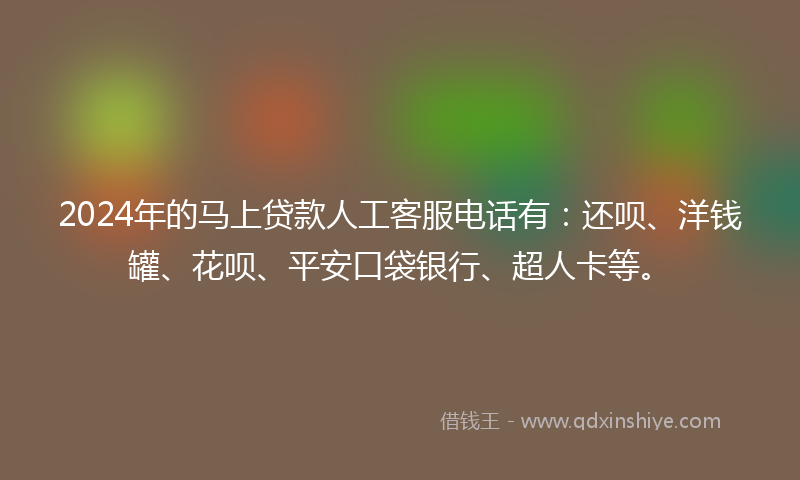 2024年的马上贷款人工客服电话有：还呗、洋钱罐、花呗、平安口袋银行、超人卡等。
