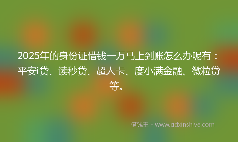 2025年的身份证借钱一万马上到账怎么办呢有：平安i贷、读秒贷、超人卡、度小满金融、微粒贷等。