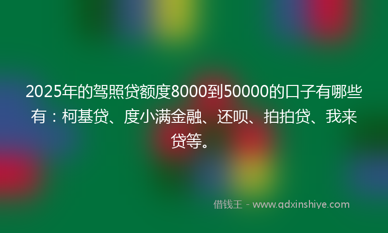 2025年的驾照贷额度8000到50000的口子有哪些有：柯基贷、度小满金融、还呗、拍拍贷、我来贷等。