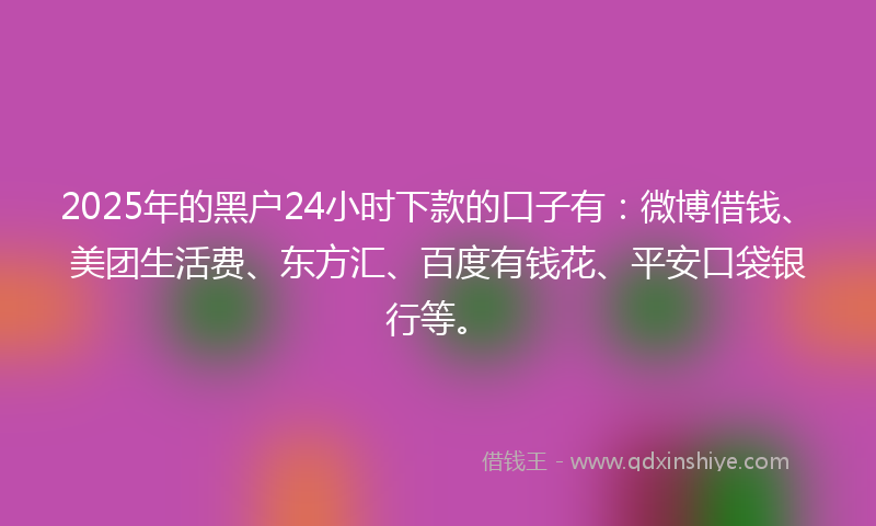 2025年的黑户24小时下款的口子有：微博借钱、美团生活费、东方汇、百度有钱花、平安口袋银行等。