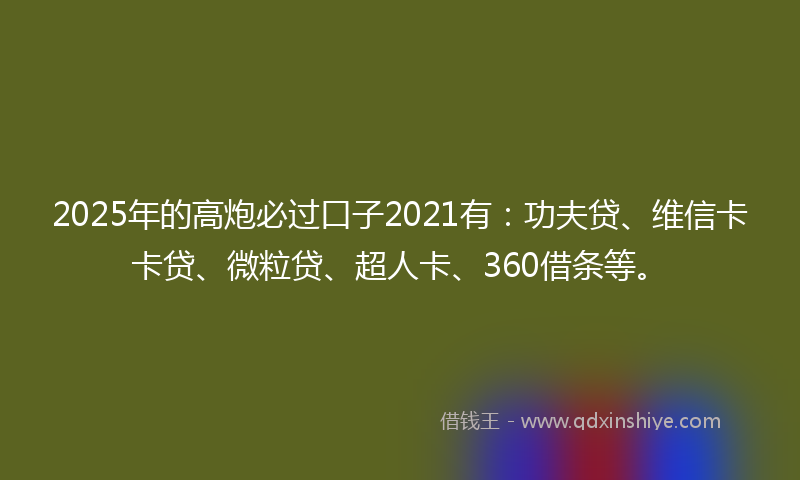 2025年的高炮必过口子2021有：功夫贷、维信卡卡贷、微粒贷、超人卡、360借条等。