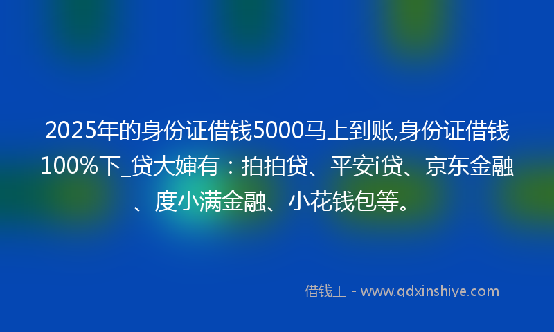 2025年的身份证借钱5000马上到账,身份证借钱100%下_贷大婶有：拍拍贷、平安i贷、京东金融、度小满金融、小花钱包等。