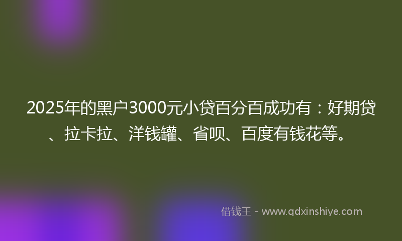 2025年的黑户3000元小贷百分百成功有：好期贷、拉卡拉、洋钱罐、省呗、百度有钱花等。